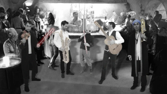 montage photo représentant le groupe Swing Uppercut dans la Cantina band de la planète Tattooine de la guerre des étoiles